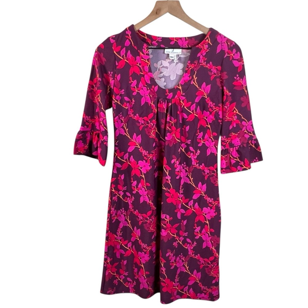 Jude Connally Womens XS‎ Pink Floral 3/4 Bel Sleeve Knee Length Shift Dress